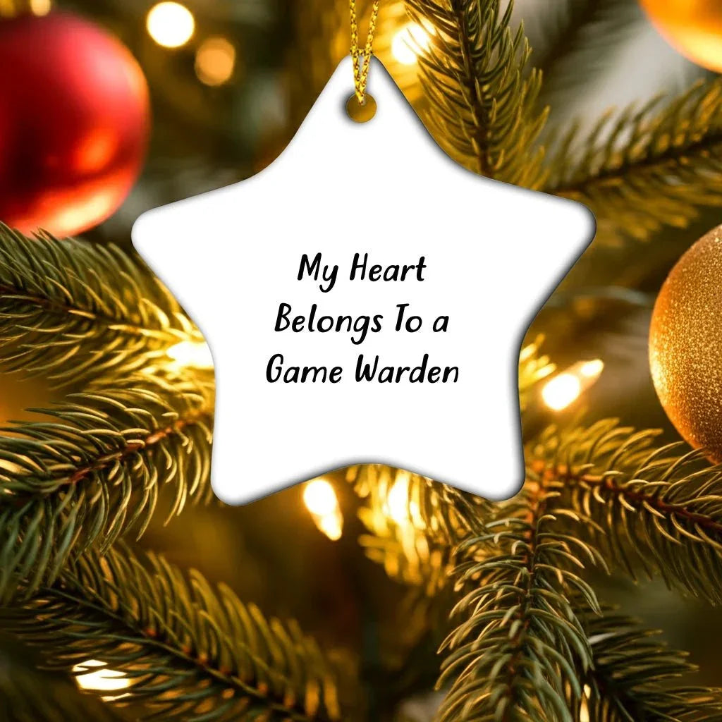 Funny Game Warden Gifts for Men, 'My Heart Belongs To A Game Warden' Star Ornament, Christmas Unique Gifts from Friends, Family, and Coworkers