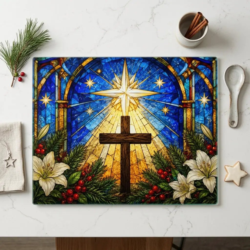 Christian Cross Glass Cutting Board, Stained Glass Christmas Decor, Religious Kitchen Gift, Star of Bethlehem Christian Gift