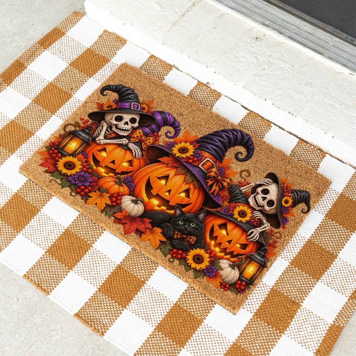 Halloween Skeleton Doormat, Jack O Lantern Coir Mat, Skeleton & Black Cat Welcome Mat, Spooky Fall Porch Decor, Halloween Door Mat