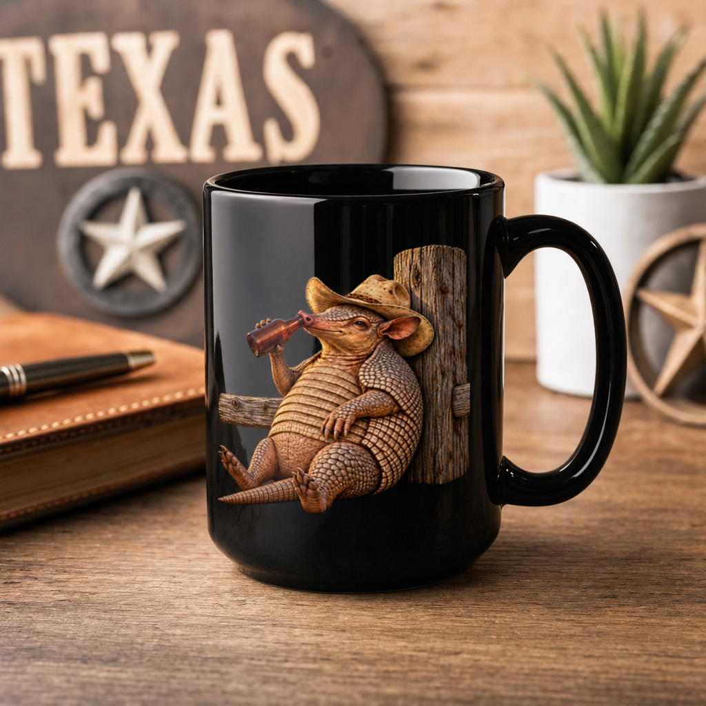 Funny Armadillo Black Coffee Mug, Texas Cowboy Mug, Beer Drinking Armadillo Gift, Western Coffee Cup, Funny Texas Gift for Him