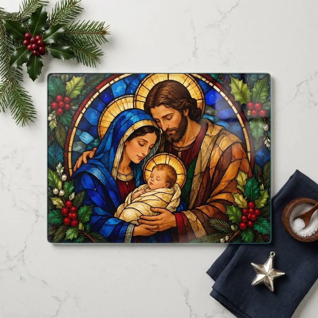 Holy Family Glass Cutting Board, Christian Christmas Gift, Nativity Kitchen Decor, Mary Joseph Baby Jesus, Religious Christmas Decor