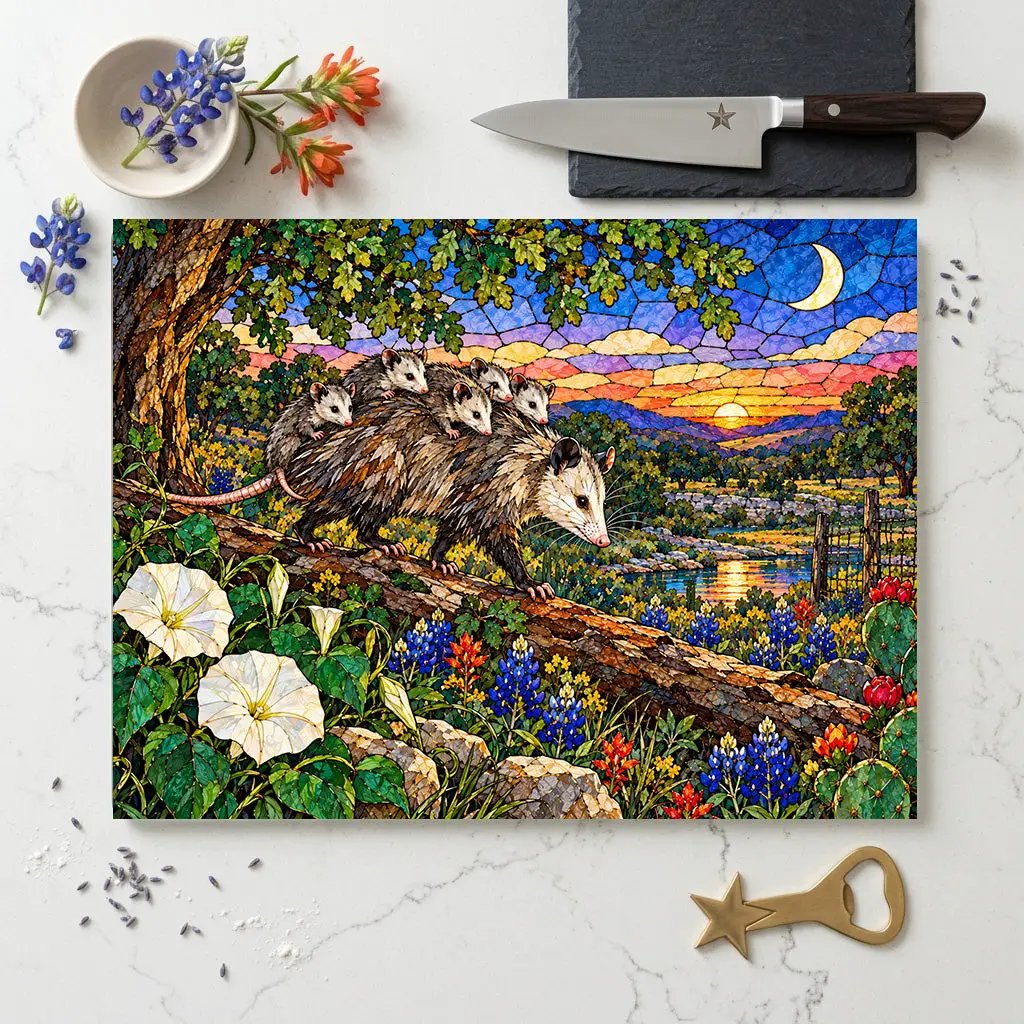 Possum Family Glass Cutting Board, Opossum Mom and Babies Gift, Texas Wildlife Kitchen Decor, Possum Lover Gift, Country Kitchen Art