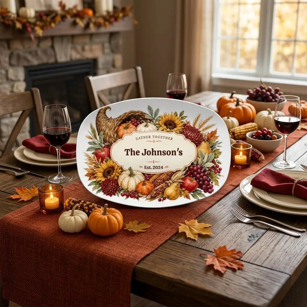 Personalized Fall Platter, Custom Family Name Serving Platter, Harvest Thanksgiving Tray, Autumn Hostess Gift, Housewarming Gift