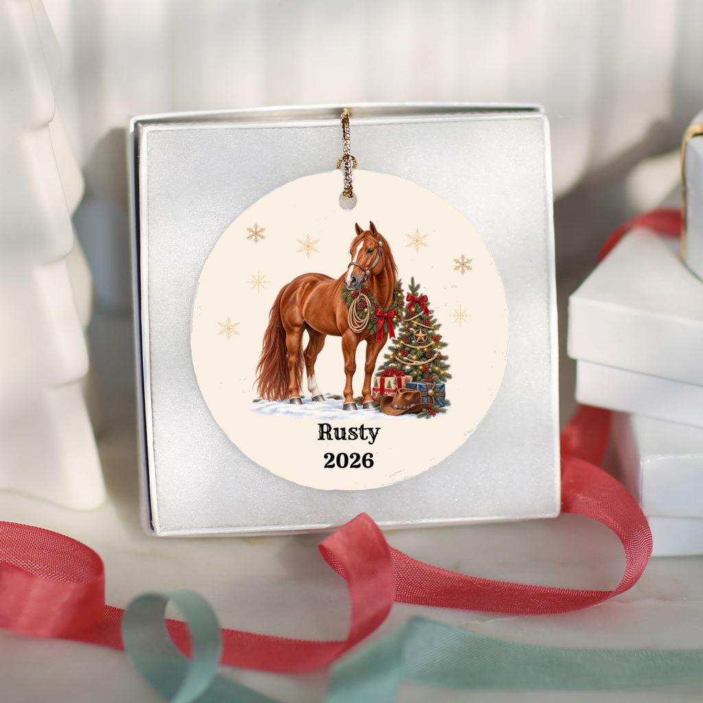 Personalized Horse Christmas Ornament, Custom Horse Photo Portrait, Western Cowboy Ceramic Ornament, Horse Name and Year, Equestrian Gift