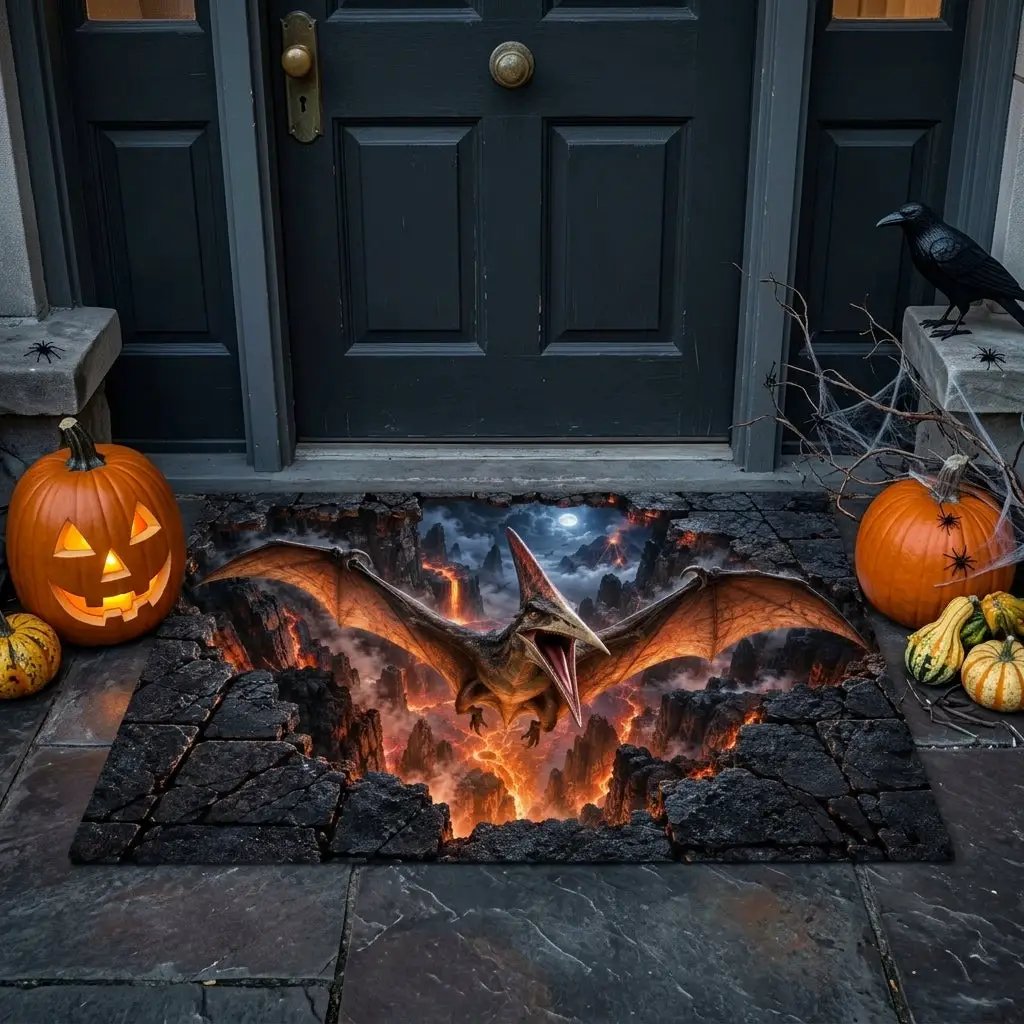 Pterodactyl 3D Optical Illusion Doormat, Volcanic Chasm Dinosaur Floor Mat, Prehistoric Flying Reptile Door Mat, Dino Gift