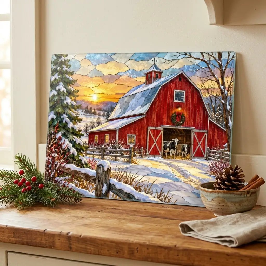 Christmas Red Barn Glass Cutting Board, Winter Farmhouse Decor, Cow Christmas Gift, Country Kitchen Decor, Farmhouse Holiday Gift