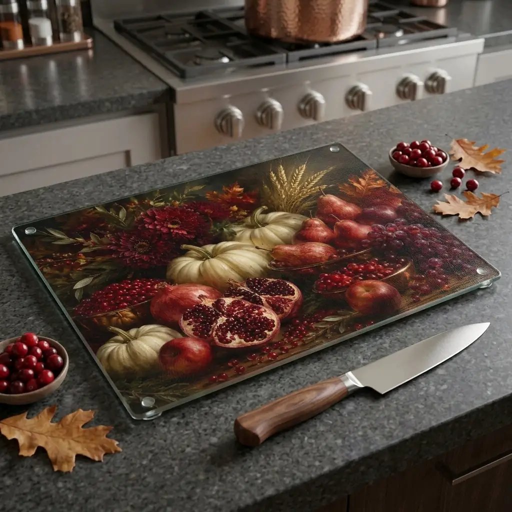Pomegranate Glass Cutting Board, White Pumpkin Fall Kitchen Decor, Elegant Autumn Cutting Board, Harvest Kitchen Gift