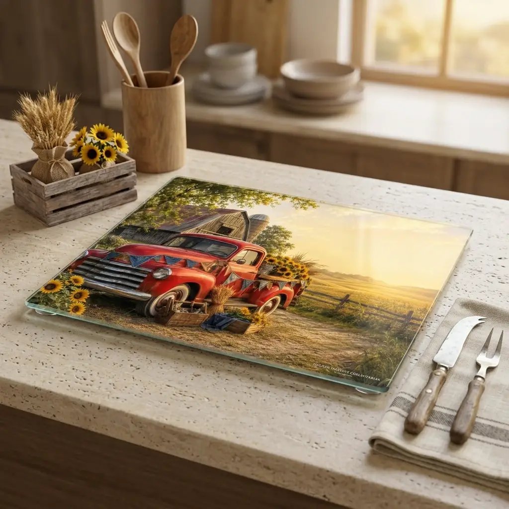 Red Vintage Truck Glass Cutting Board, Sunflower Farmhouse Kitchen Decor, Country Harvest Cutting Board, Rustic Farmhouse Gift