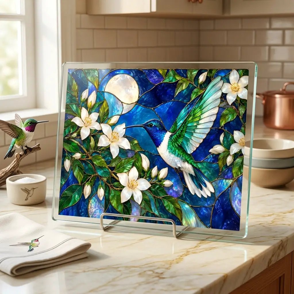 Hummingbird Cutting Board, Stained Glass Bird Decor, Moonlit Jasmine Floral Kitchen Decor, Hummingbird Gift, Nature Lover Gift