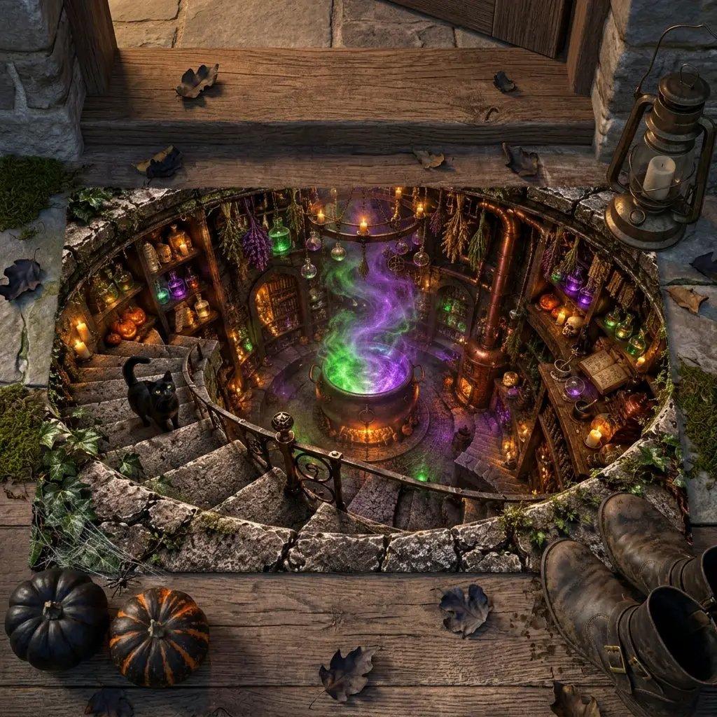 Witch Cauldron Halloween Doormat, 3D Witch Stairwell Illusion Door Mat, Black Cat Spooky Welcome Mat, Witchy Halloween Decor
