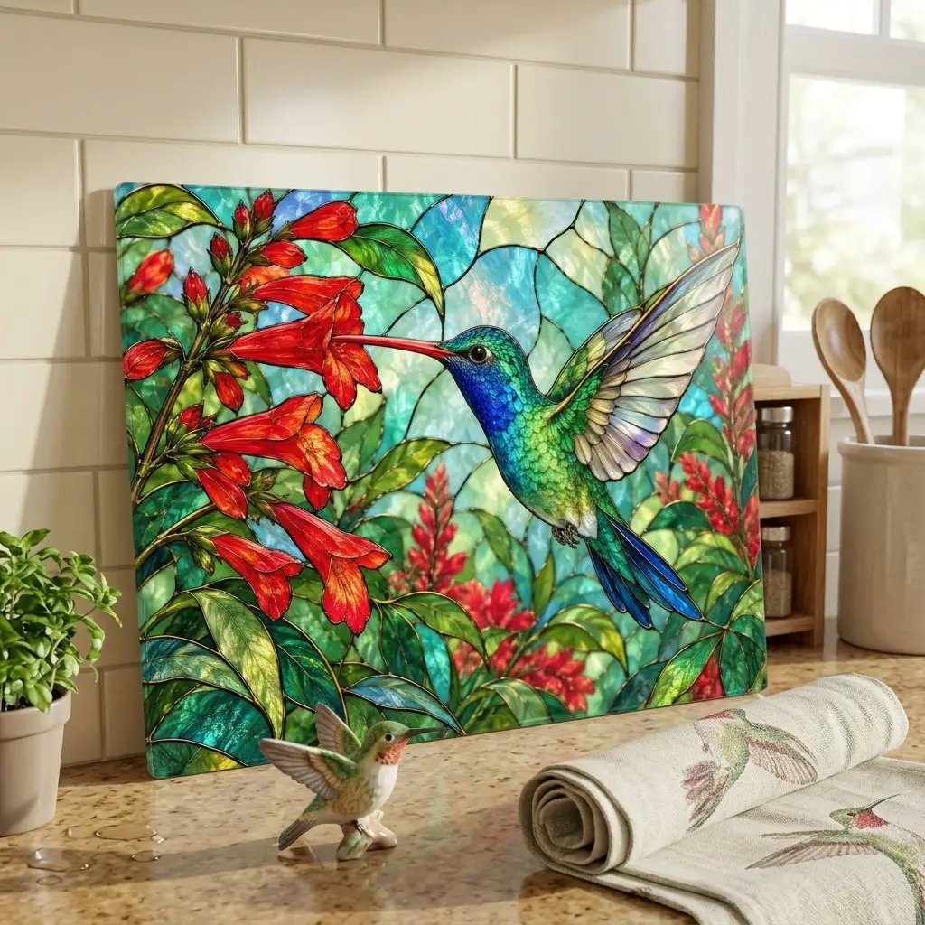 Hummingbird Cutting Board, Stained Glass Hummingbird Decor, Red Flower Kitchen Decor, Bird Lover Gift, Nature Inspired Gift
