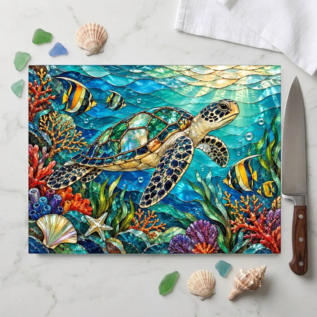 Sea Turtle Reef Glass Cutting Board, Ocean Kitchen Decor, Underwater Coral Sea Life Chopping Board, Coastal Housewarming Gift Idea