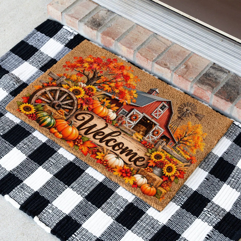 Fall Barn Welcome Doormat, Country Farmhouse Coir Mat, Autumn Pumpkin Door Mat, Harvest Porch Decor, Rustic Thanksgiving Welcome Mat
