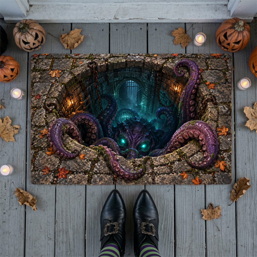 Tentacle Monster 3D Optical Illusion Doormat, Creepy Dungeon Floor Mat, Scary Octopus Monster Door Mat, Horror Halloween Decor