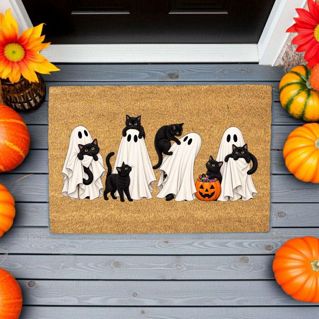 Halloween Black Cat Doormat, Cute Ghost Welcome Mat, Funny Cat Halloween Decor, Spooky Fall Porch Decor, Cat Lover Gift, Coir Door Mat