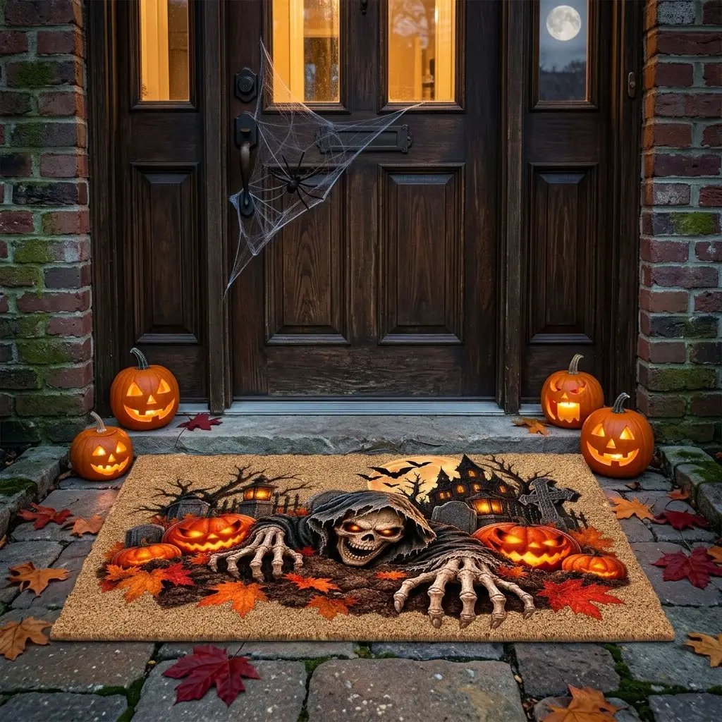 Creepy Skeleton Doormat, Grim Reaper Halloween Coir Mat, Scary Jack O Lantern Welcome Mat, Haunted House Spooky Porch Decor