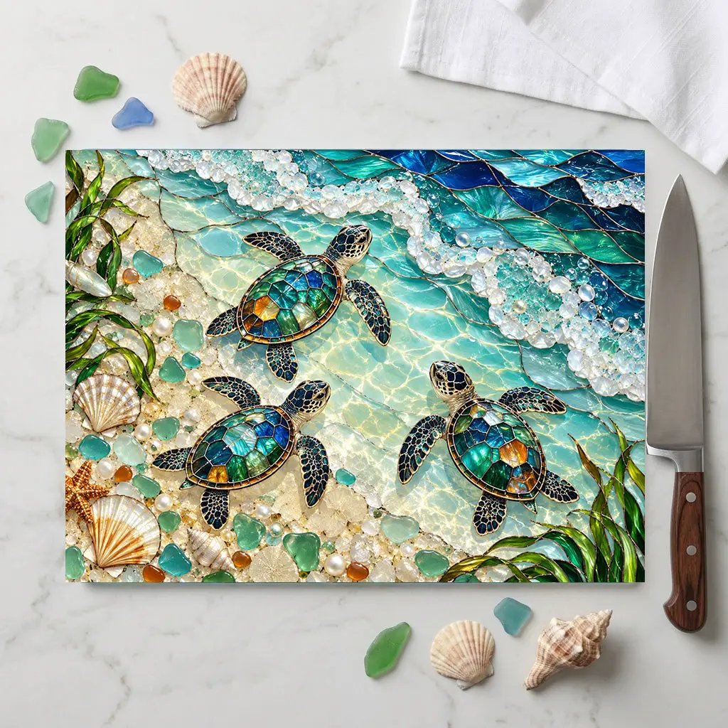 Sea Turtle Hatchlings Cutting Board, Coastal Kitchen Decor, Ocean Beach House Gift, Tempered Glass Chopping Board, Marine Life Kitchen Accent