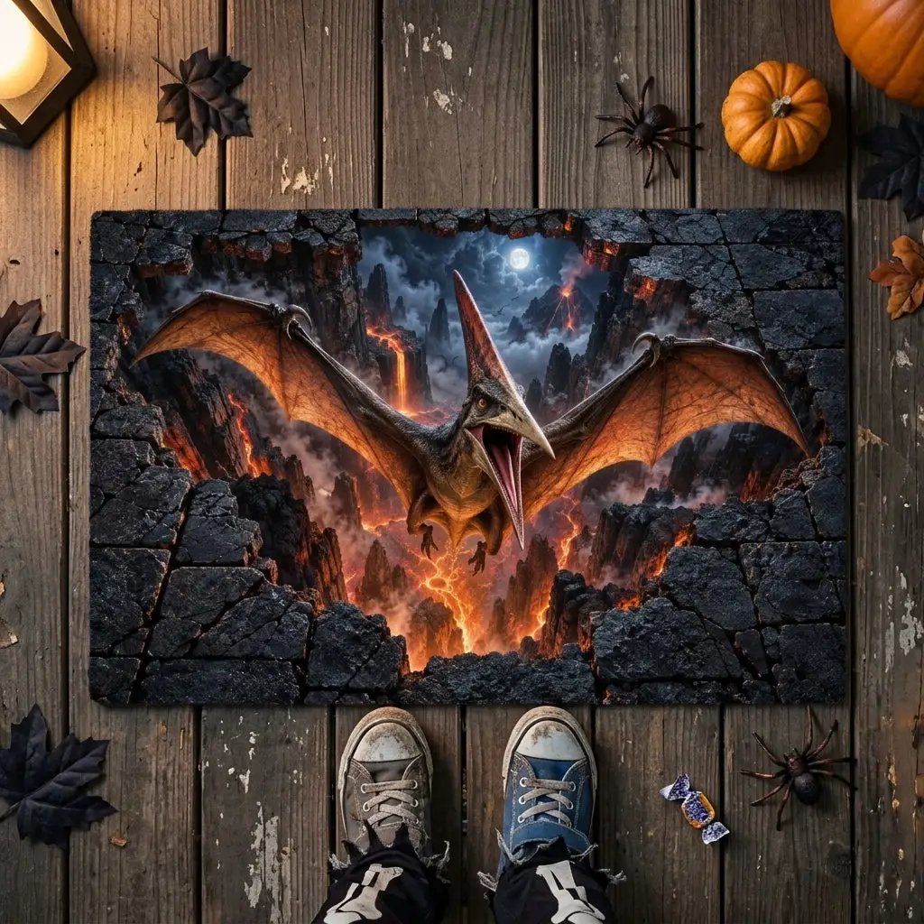 Pterodactyl 3D Optical Illusion Doormat, Volcanic Chasm Dinosaur Floor Mat, Prehistoric Flying Reptile Door Mat, Dino Gift