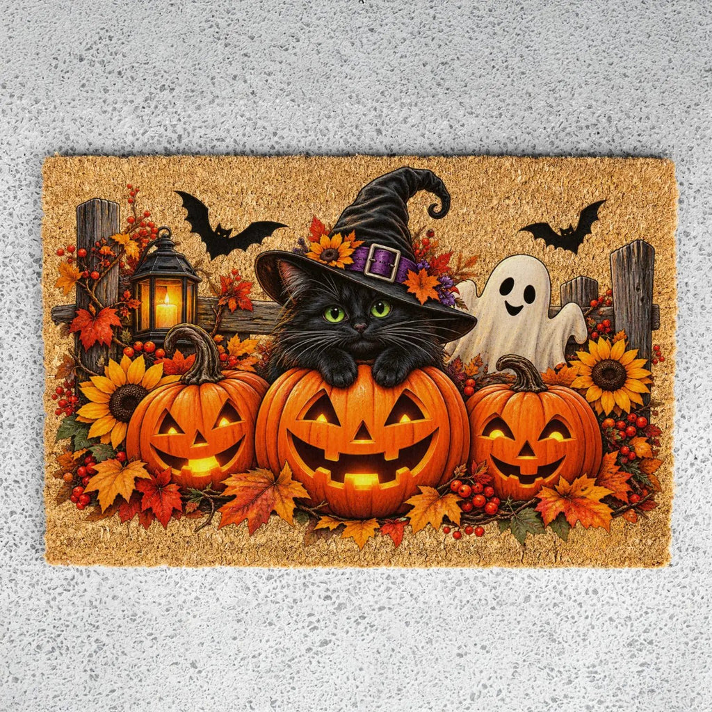Halloween Cat Doormat, Black Cat Pumpkin Coir Mat, Cute Ghost Welcome Mat, Witch Cat Fall Porch Decor, Spooky Halloween Door Mat