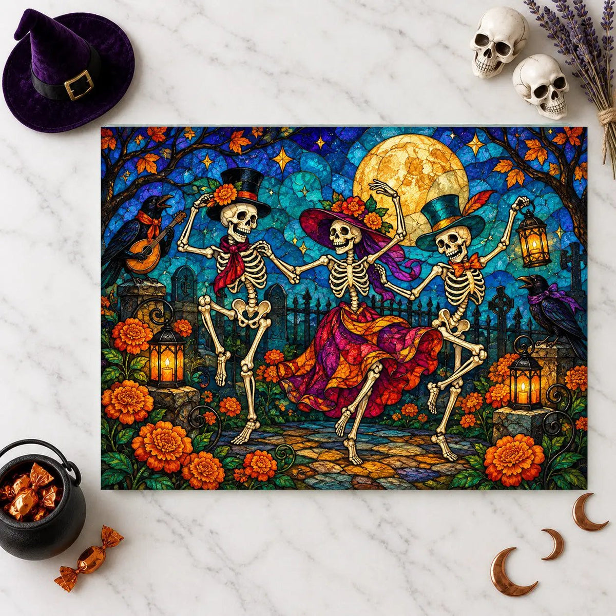 Halloween Dancing Skeletons Personalized Glass Cutting Board, Spooky Pumpkin Kitchen Decor