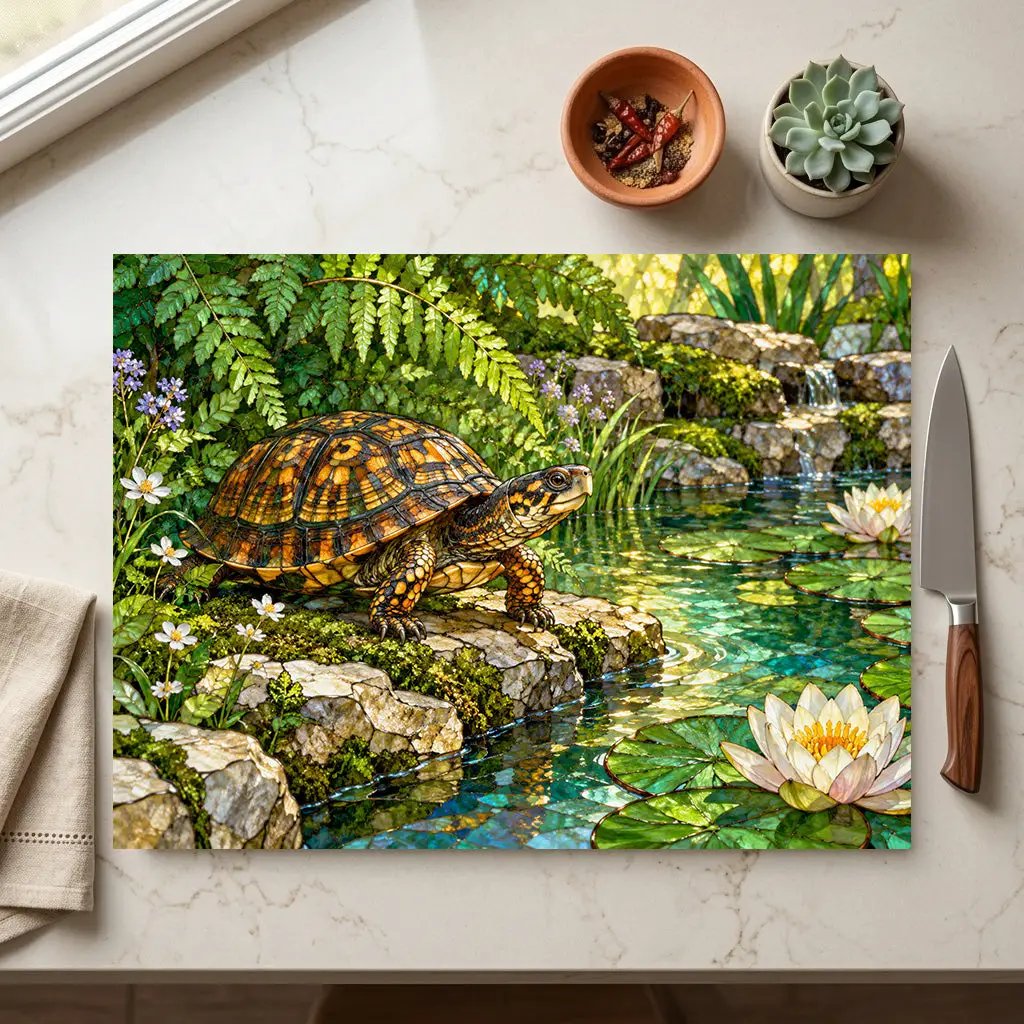 Box Turtle Glass Cutting Board, Pond Nature Kitchen Decor, Reptile Lover Gift, Wildlife Chopping Board, Decorative Tempered Glass Board