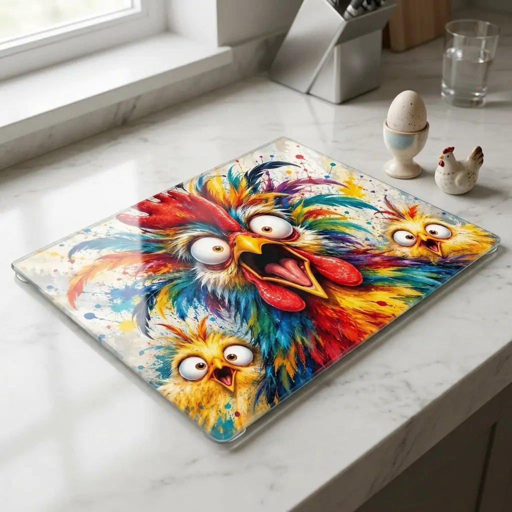Rainbow Rooster Cutting Board, Funny Screaming Chicken Kitchen Decor, Colorful Rooster Gift, Chicken Lover Farmhouse Decor