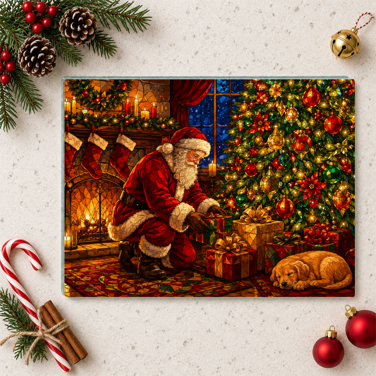 Santa Christmas Glass Cutting Board, Santa and Puppy Kitchen Decor, Christmas Eve Serving Board, Stained Glass Holiday Gift, Santa Decor