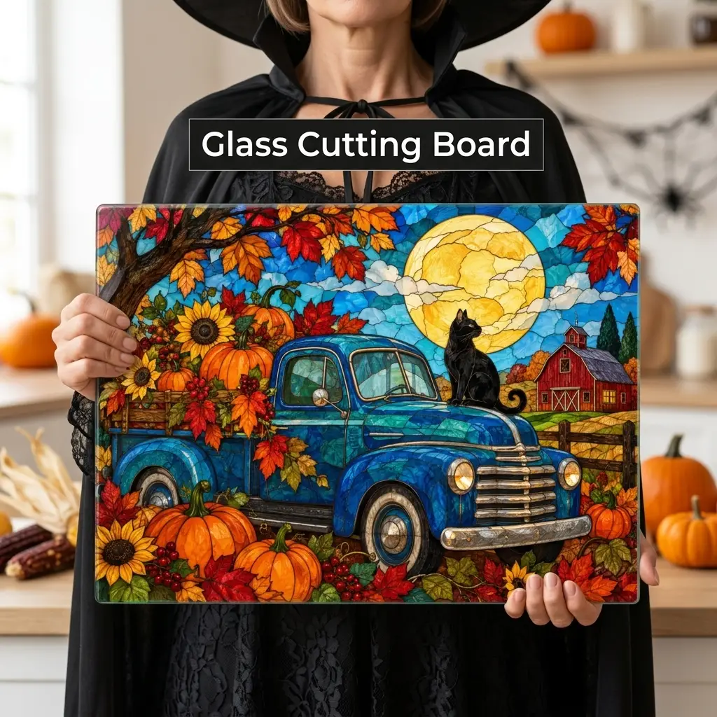 Halloween Fall Truck Personalized Glass Cutting Board, Spooky Pumpkin Kitchen Decor