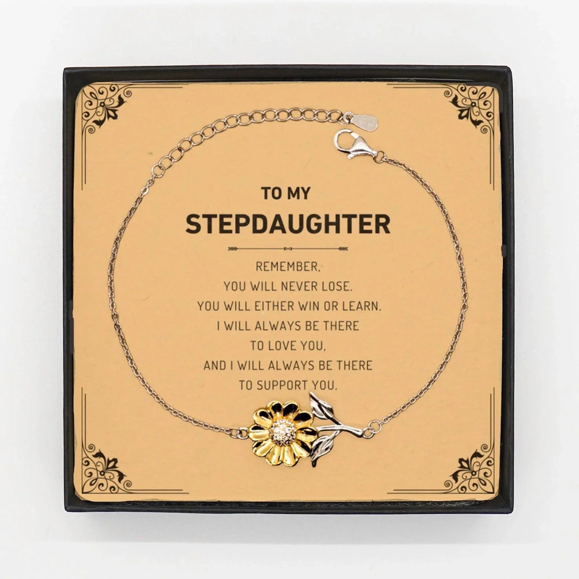 Stepdaughter Gifts, To My Stepdaughter Remember, you will never lose. You will either WIN or LEARN, Keepsake Sunflower Bracelet For Stepdaughter Card, Birthday Christmas Gifts Ideas For Stepdaughter X-mas Gifts