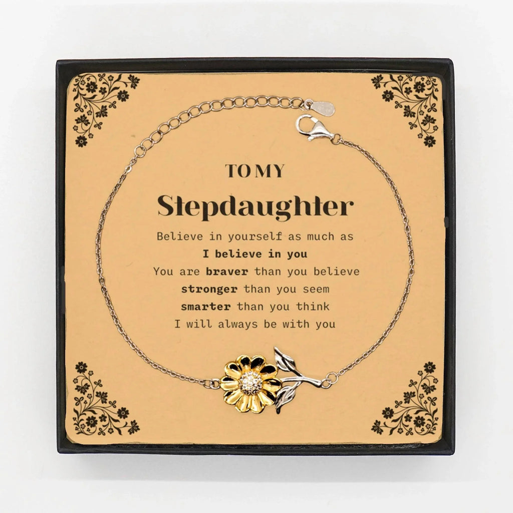 Stepdaughter Sunflower Bracelet Gifts, To My Stepdaughter You are braver than you believe, stronger than you seem, Inspirational Gifts For Stepdaughter Card, Birthday, Christmas Gifts For Stepdaughter Men Women