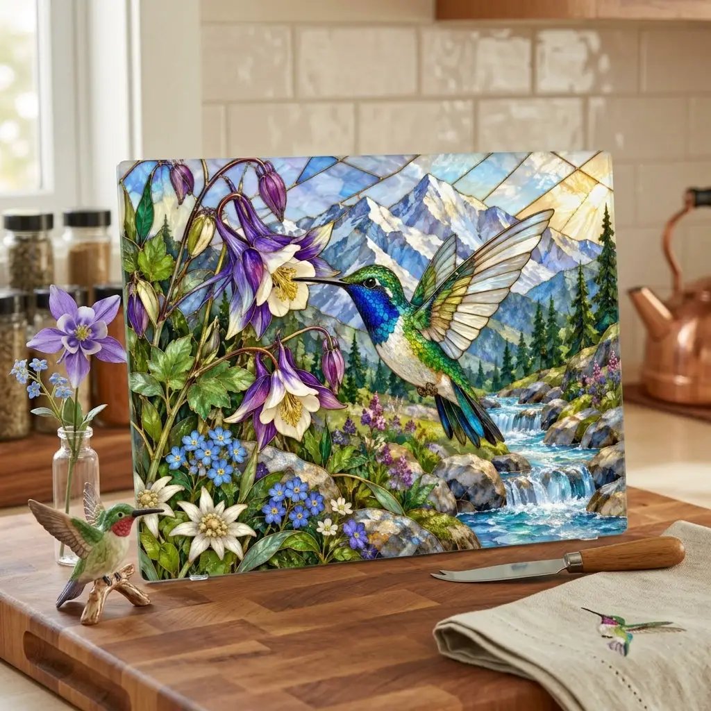 Hummingbird Glass Cutting Board, Stained Glass Mountain Art, Columbine Flower Kitchen Decor, Bird Lover Gift, Alpine Nature Cutting Board