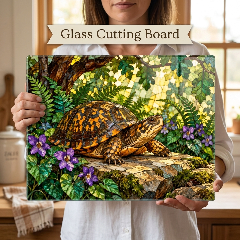 Box Turtle Cutting Board, Woodland Nature Kitchen Decor, Tempered Glass Chopping Board, Turtle Lover Gift, Forest Animal Kitchen Art