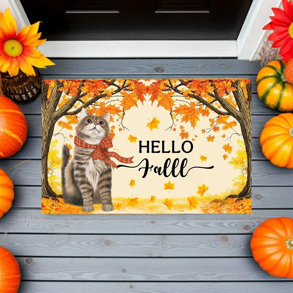 Hello Fall Cat Doormat – Fall Welcome Mat with Interchangeable Cat Designs, Autumn Leaves & Cozy Seasonal Décor for Cat Lovers and Fall Homes