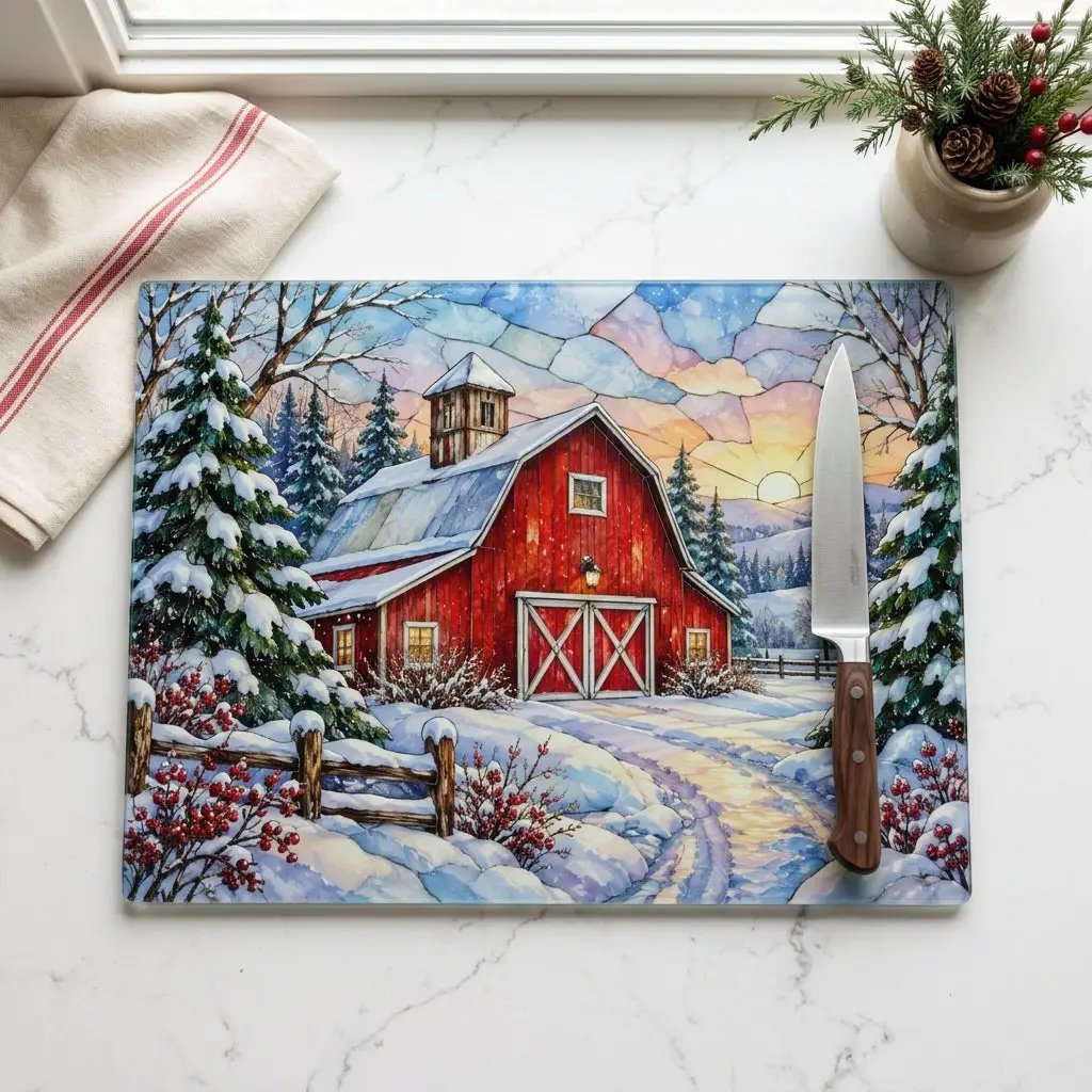 Winter Country Barn Glass Cutting Board, Red Barn Farmhouse Kitchen Decor, Snowy Rustic Country Christmas Gift