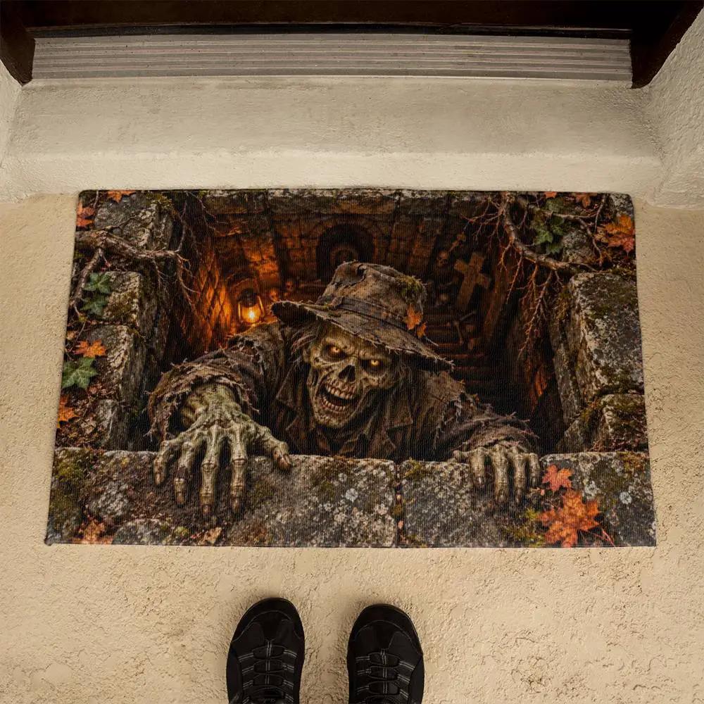 Undead Groundskeeper Halloween Doormat, 3D Zombie Optical Illusion Mat, Creepy Graveyard Door Mat, Haunted Crypt Halloween Decor