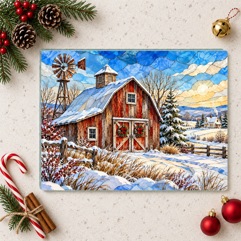 Personalized Winter Barn Cutting Board, Country Farmhouse Kitchen Decor, Stained Glass Farm Scene, Rustic Christmas Gift, Custom Family Gift