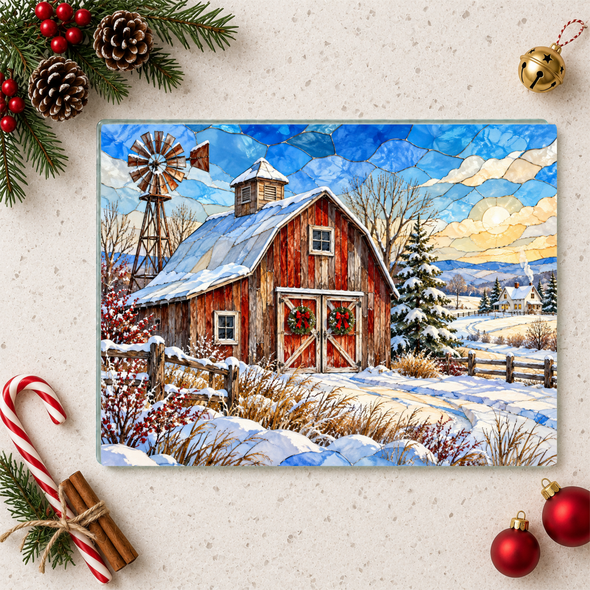 Personalized Winter Barn Cutting Board, Country Farmhouse Kitchen Decor, Stained Glass Farm Scene, Rustic Christmas Gift, Custom Family Gift