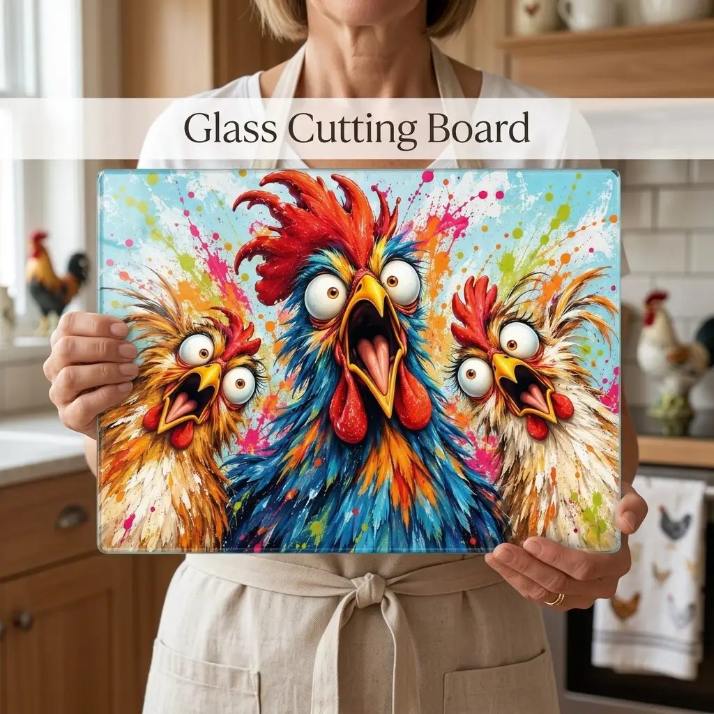 Three Screaming Chickens Cutting Board, Funny Chicken Kitchen Decor, Colorful Chicken Lover Gift, Farmhouse Kitchen Gift