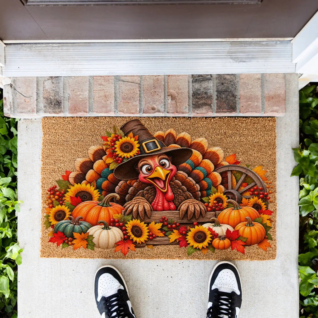 Thanksgiving Turkey Doormat, Funny Turkey Coir Mat, Fall Harvest Welcome Mat, Pumpkin & Sunflower Porch Decor, Thanksgiving Door Mat