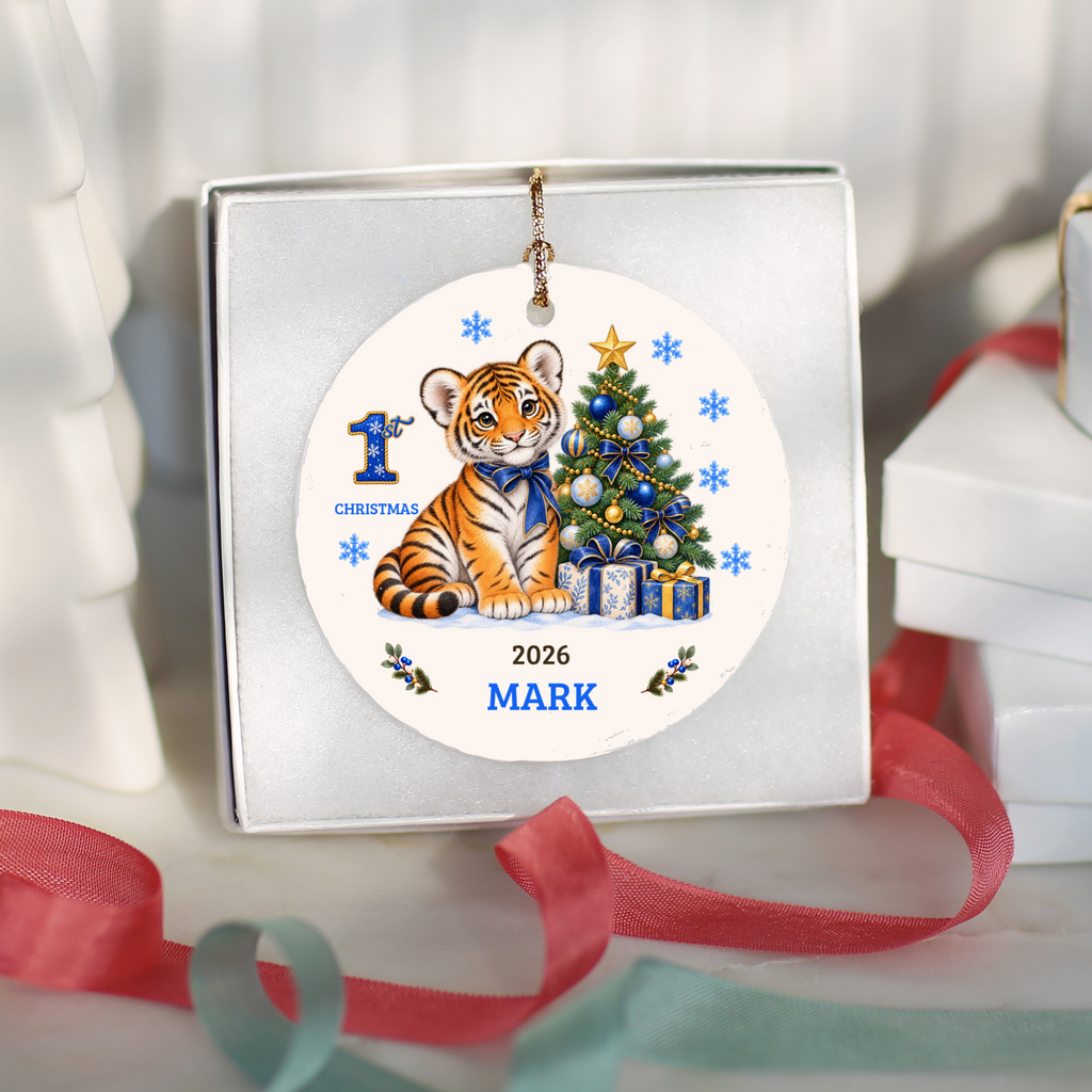 Personalized Baby Tiger Christmas Ornament, Baby's 1st to 10th Christmas Keepsake, Custom Name and Year, Pink or Blue, Ceramic Gift