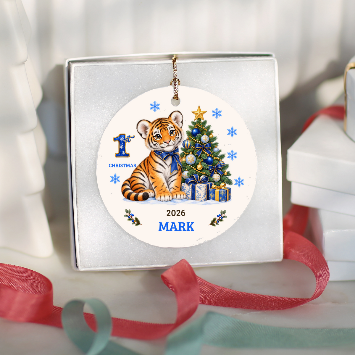 Personalized Baby Tiger Christmas Ornament, Baby's 1st to 10th Christmas Keepsake, Custom Name and Year, Pink or Blue, Ceramic Gift