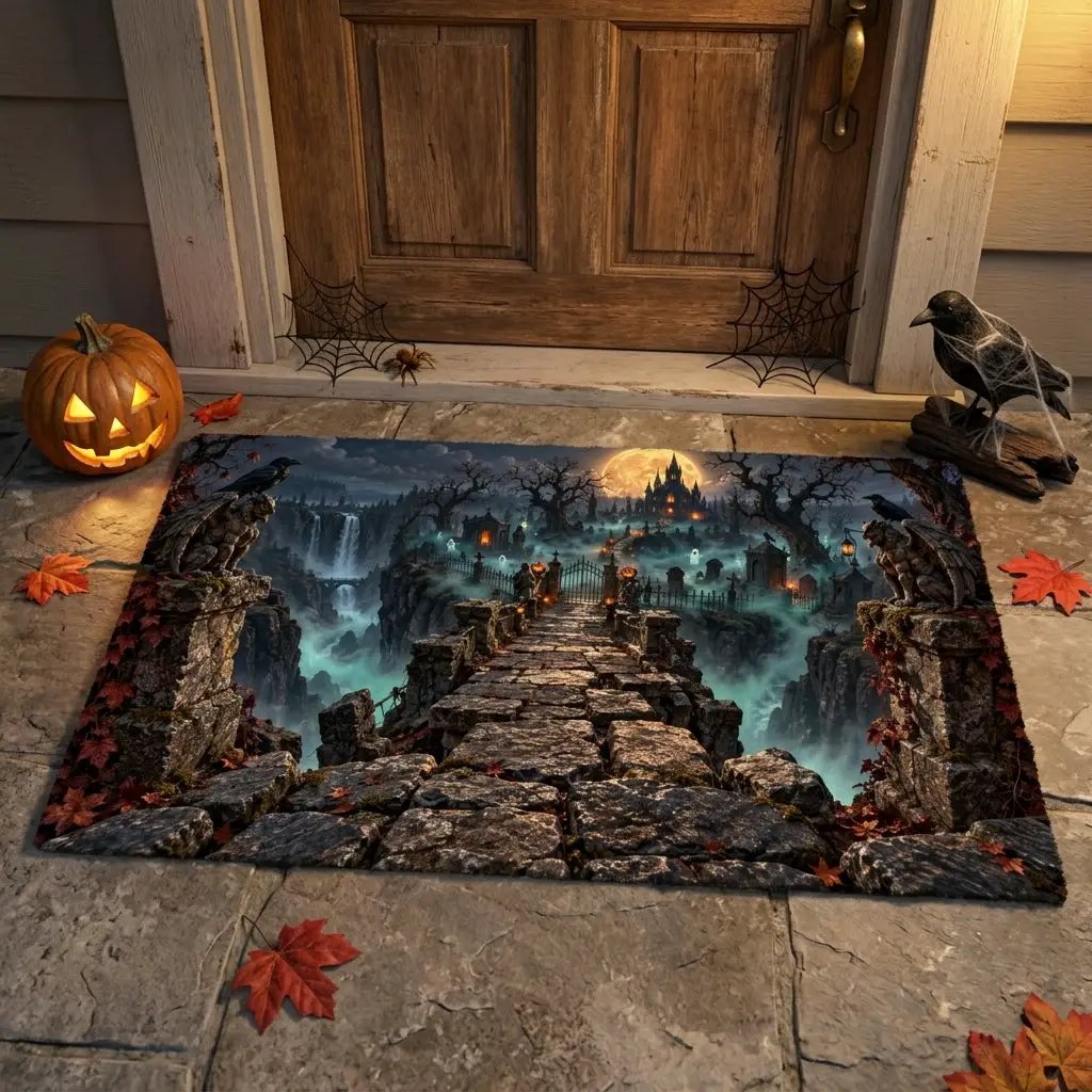 Haunted Graveyard 3D Doormat, Spooky Halloween Door Mat, Gothic Cemetery Welcome Mat, Haunted Castle Halloween Porch Decor