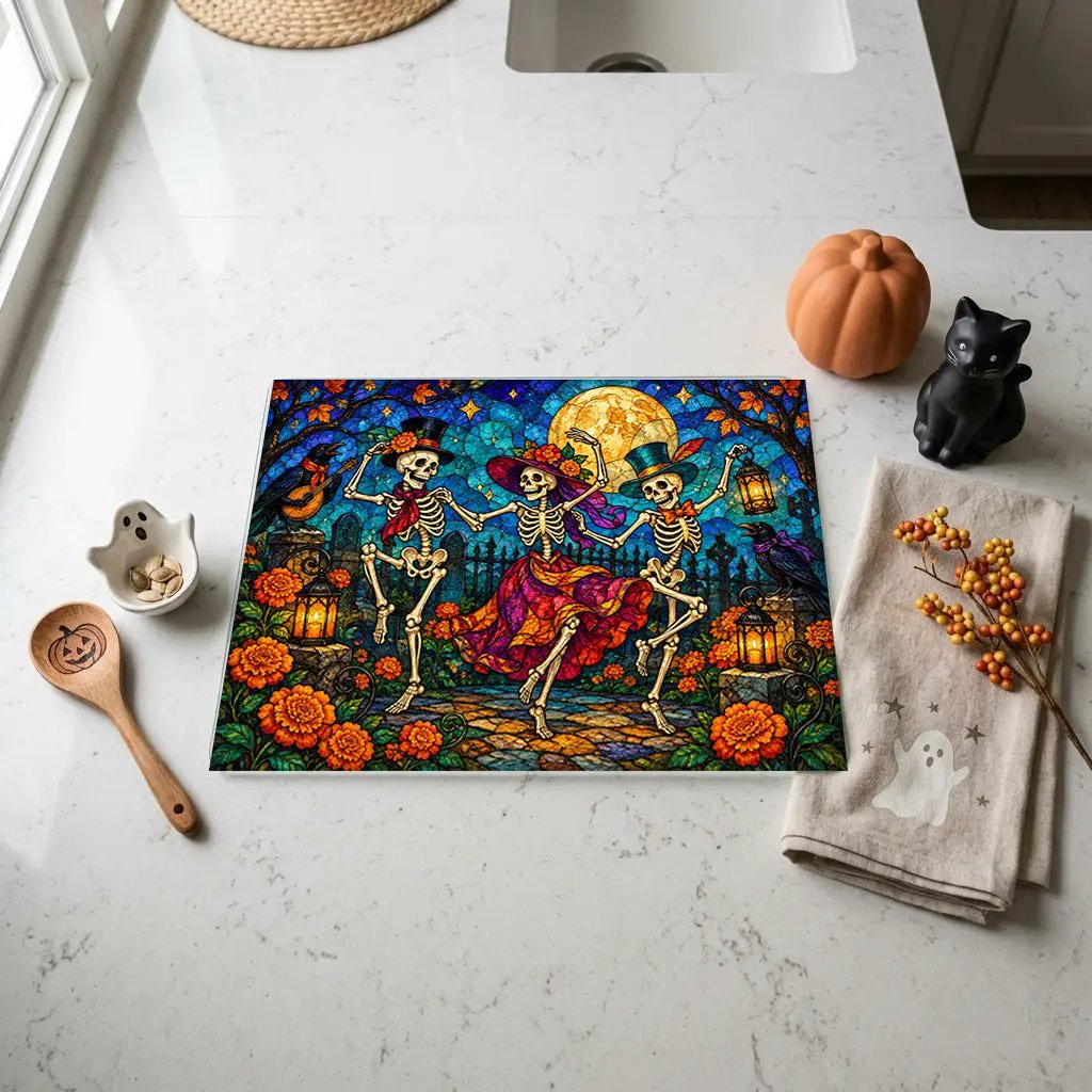 Halloween Dancing Skeletons Personalized Glass Cutting Board, Spooky Pumpkin Kitchen Decor