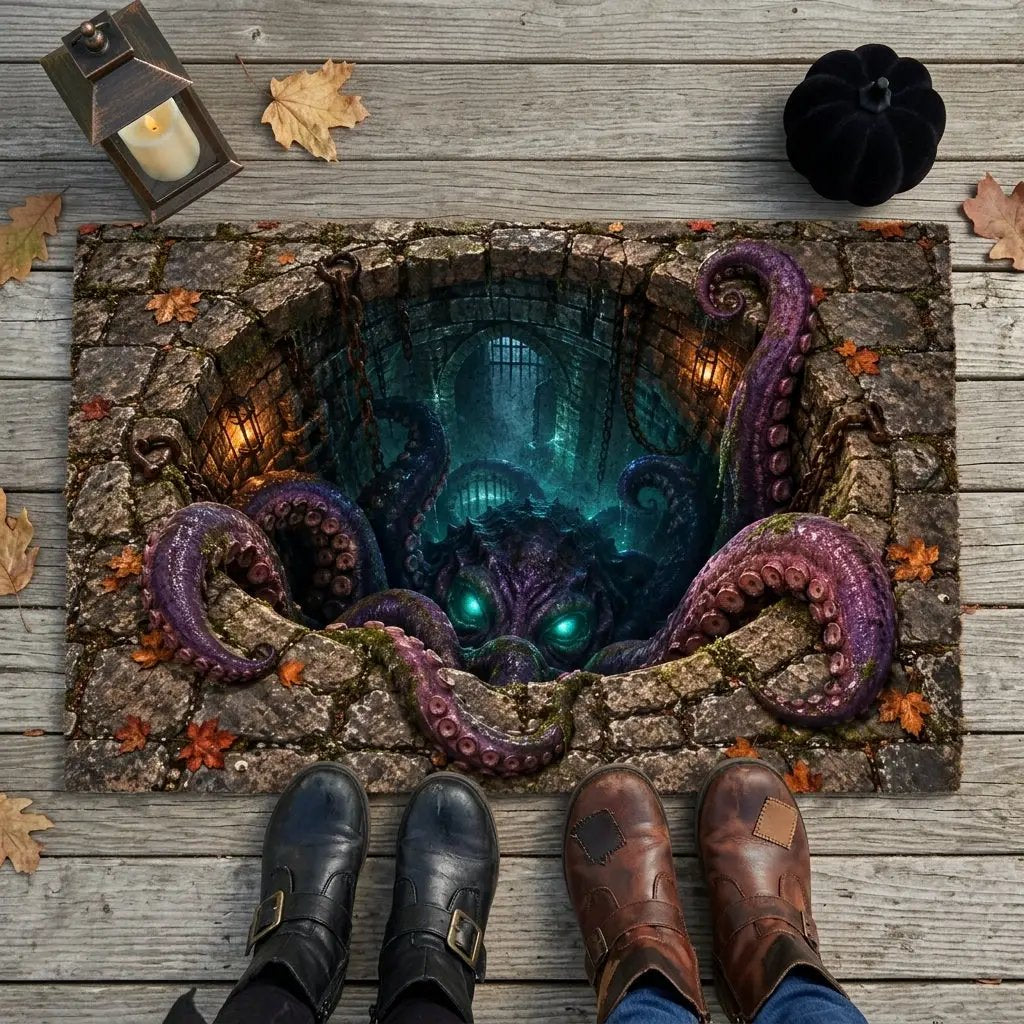 Tentacle Monster 3D Optical Illusion Doormat, Creepy Dungeon Floor Mat, Scary Octopus Monster Door Mat, Horror Halloween Decor