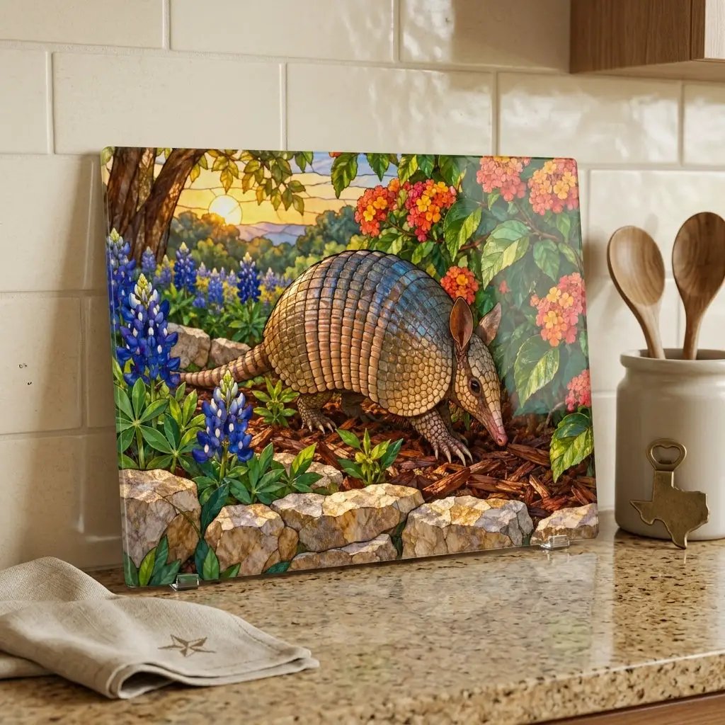 Armadillo Glass Cutting Board, Texas Kitchen Decor, Bluebonnet Armadillo Gift, Stained Glass Style Wildlife Art, Texas Housewarming Gift
