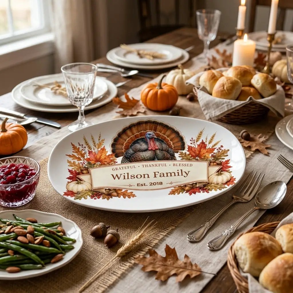 Personalized Thanksgiving Platter with Turkey, Custom Family Name Serving Platter, Grateful Thankful Blessed, Thanksgiving Hostess Gift