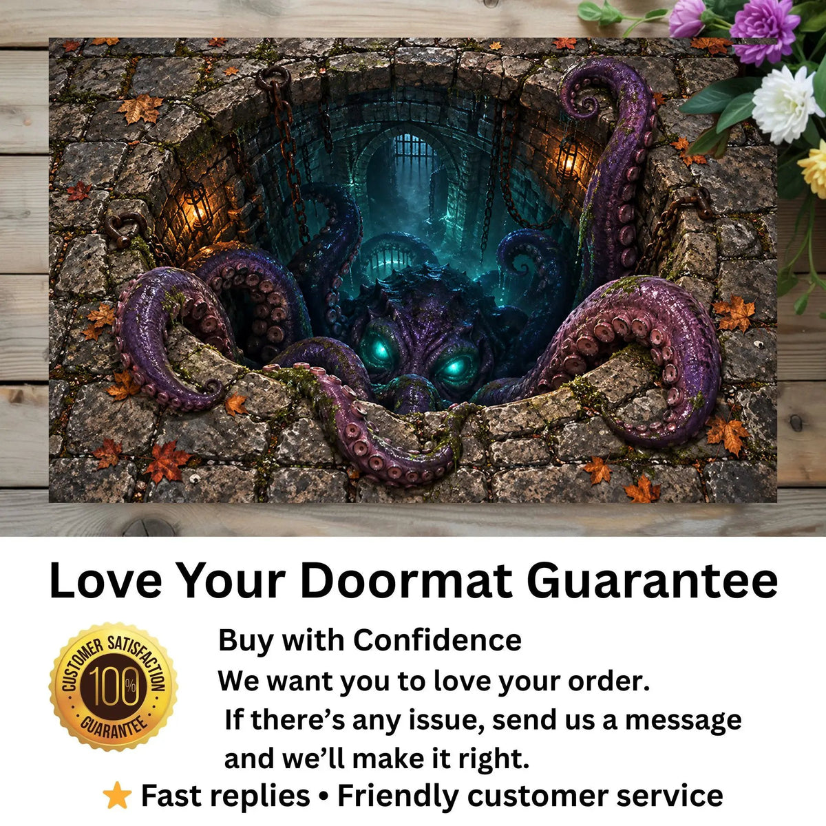 Tentacle Monster 3D Optical Illusion Doormat, Creepy Dungeon Floor Mat, Scary Octopus Monster Door Mat, Horror Halloween Decor