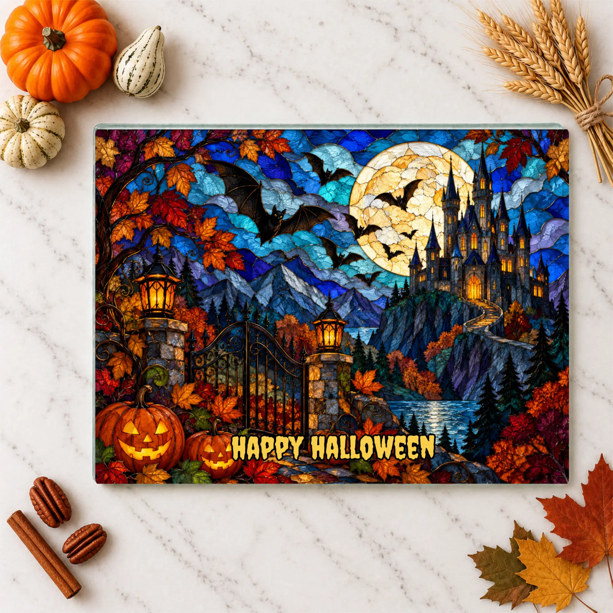 Halloween Castle Personalized Glass Cutting Board, Gothic Haunted House Kitchen Decor