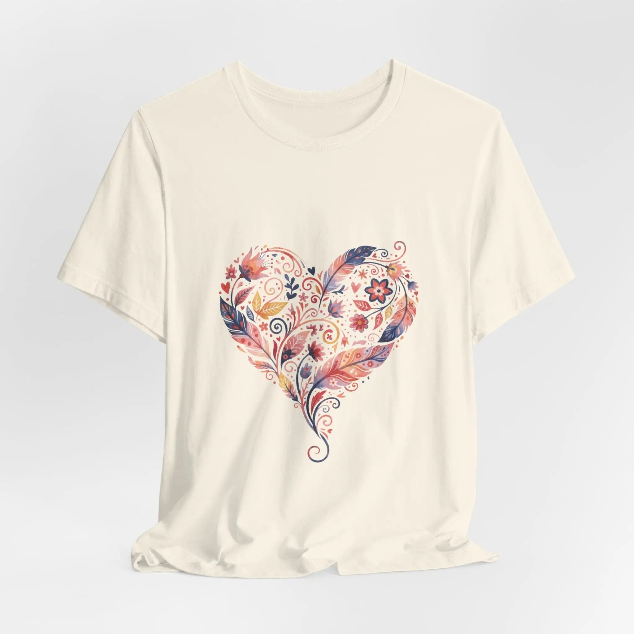 Floral Heart Graphic Tee — Boho Feather & Flower Design - Mallard Moon