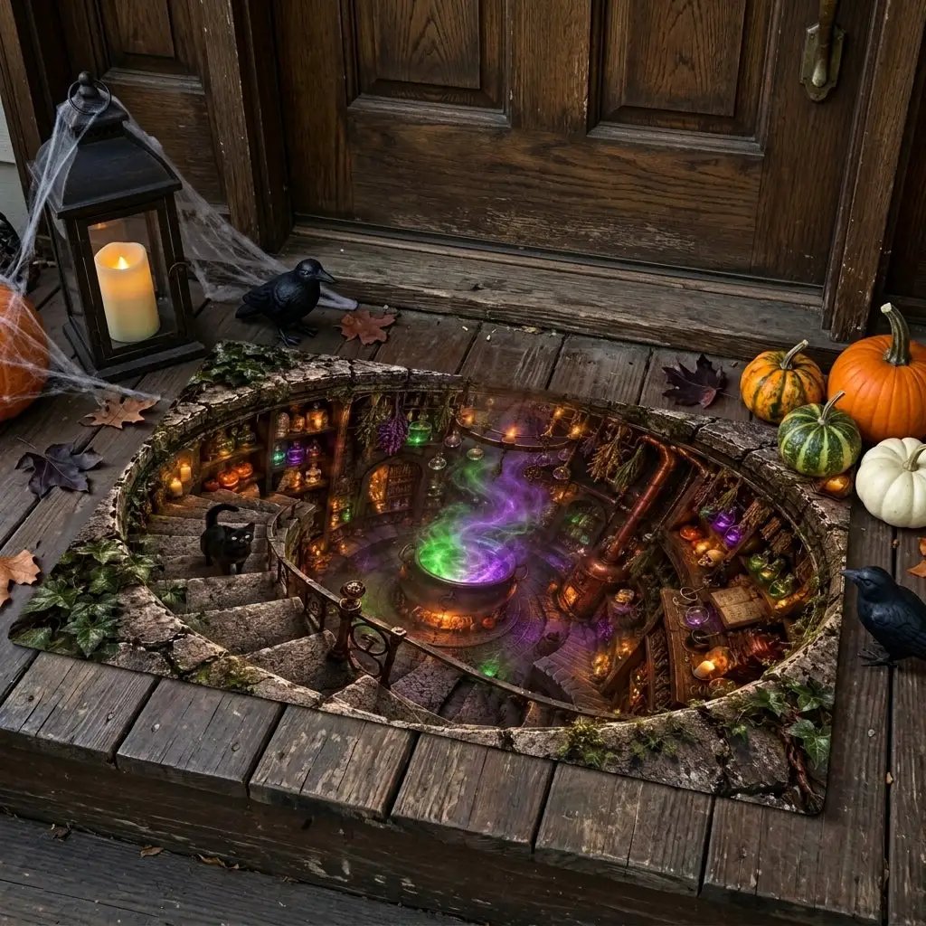Witch Cauldron Halloween Doormat, 3D Witch Stairwell Illusion Door Mat, Black Cat Spooky Welcome Mat, Witchy Halloween Decor